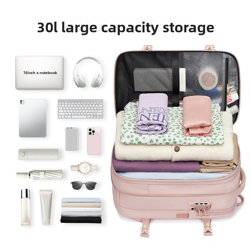 Open suitcase with various items and '30L large capacity storage' text on a white background